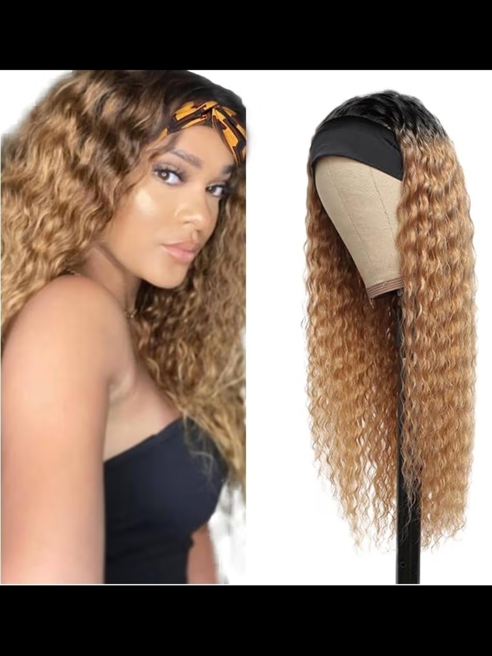 Headband Wig - Ombre Honey Brown with Black Roots 24"